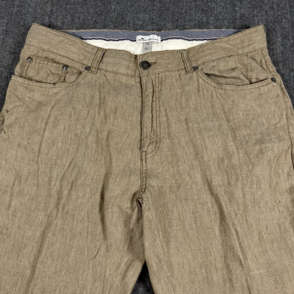 Peter Millar Men's 36 Linen Pants Tan Beige Straight Leg 5 Pocket Casual